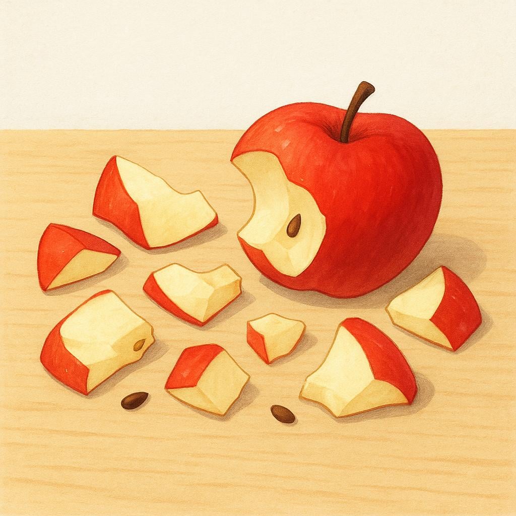 A wooden board with several small, irregular pieces of a broken bright red apple scattered across it.