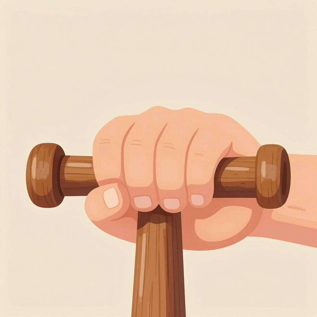 A close-up illustration of a hand grasping a wooden handle with a very strong and secure grip.