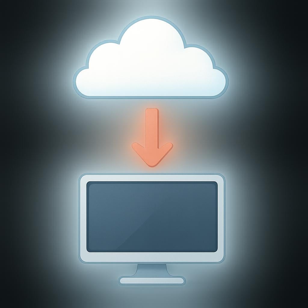 A simplified cloud icon floating above a flat desktop monitor icon, with a thick, curved downward arrow indicating transfer between them.