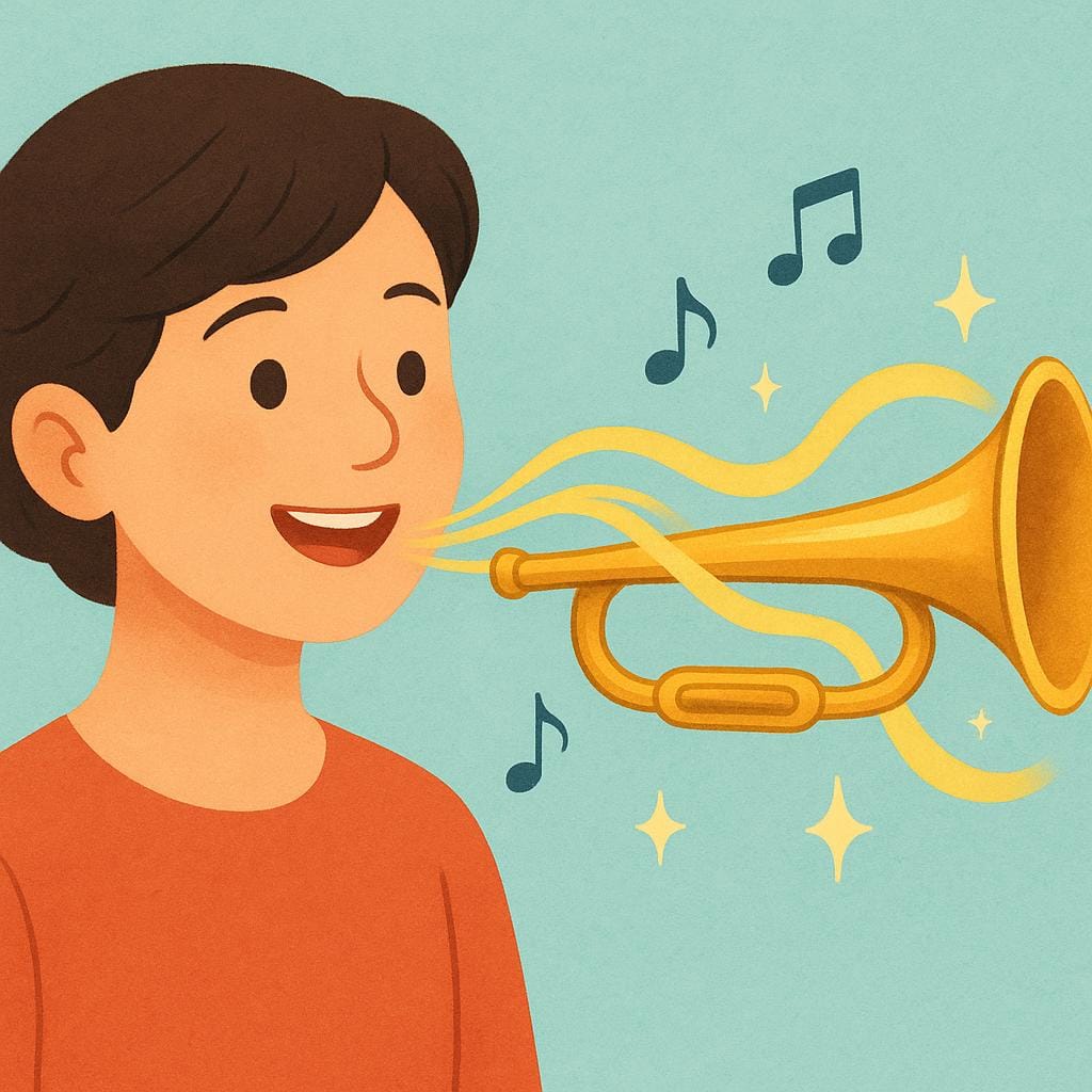 Un'illustrazione che mostra onde sonore che emanano dalla bocca di una persona, le quali assumono visibilmente la forma di una tromba d'oro, illustrando la somiglianza.