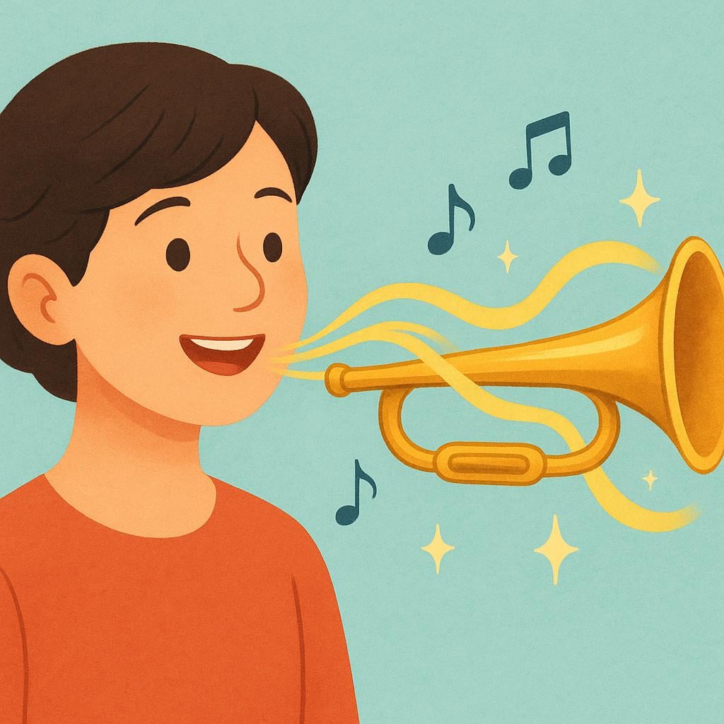 An illustration showing sound waves emanating from a person's mouth, which visibly take the shape of a golden trumpet, illustrating resemblance.