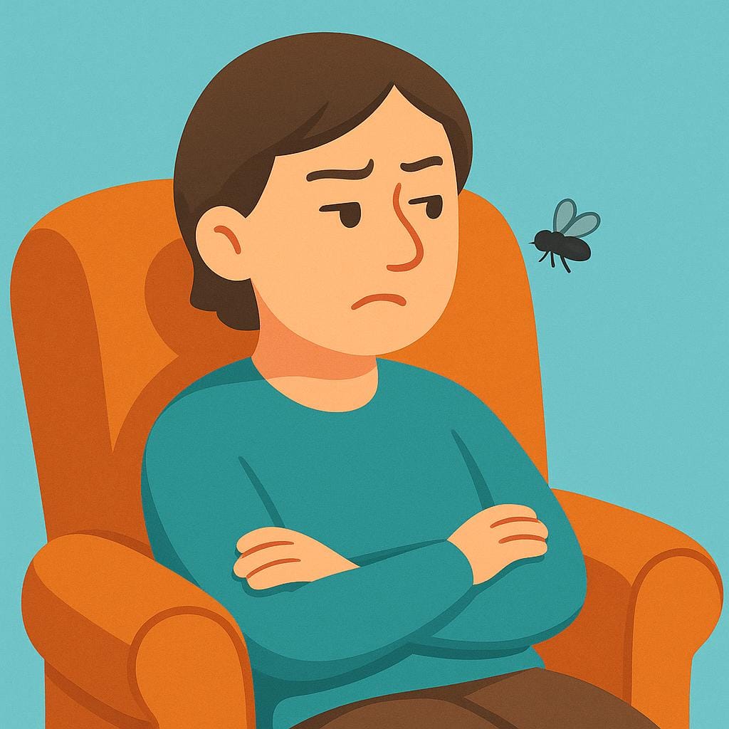 A colorful storybook illustration of a small fly buzzing near the ear of a person trying to relax.