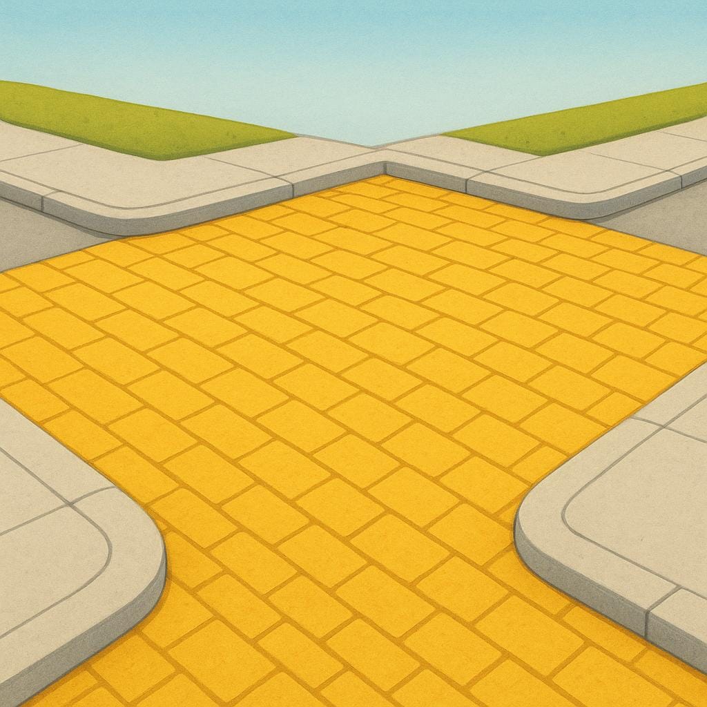 A colorful storybook illustration of a clear, sharp street corner where two paved roads meet, forming a right angle.