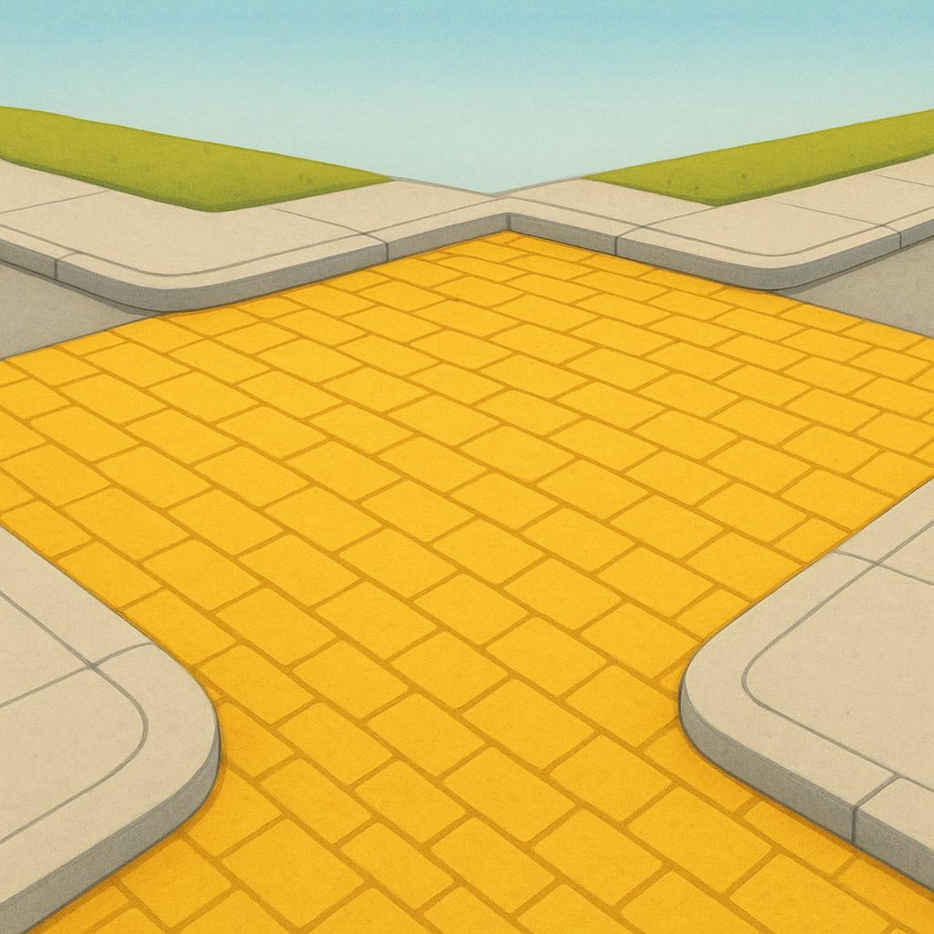 A colorful storybook illustration of a clear, sharp street corner where two paved roads meet, forming a right angle.