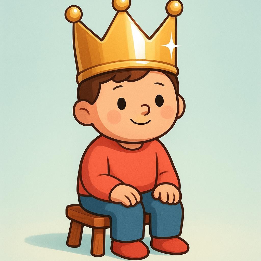 A simple, friendly cartoon character sitting on a low wooden stool, wearing a large, shiny gold crown. The crown symbolizes having achieved a specific status.
