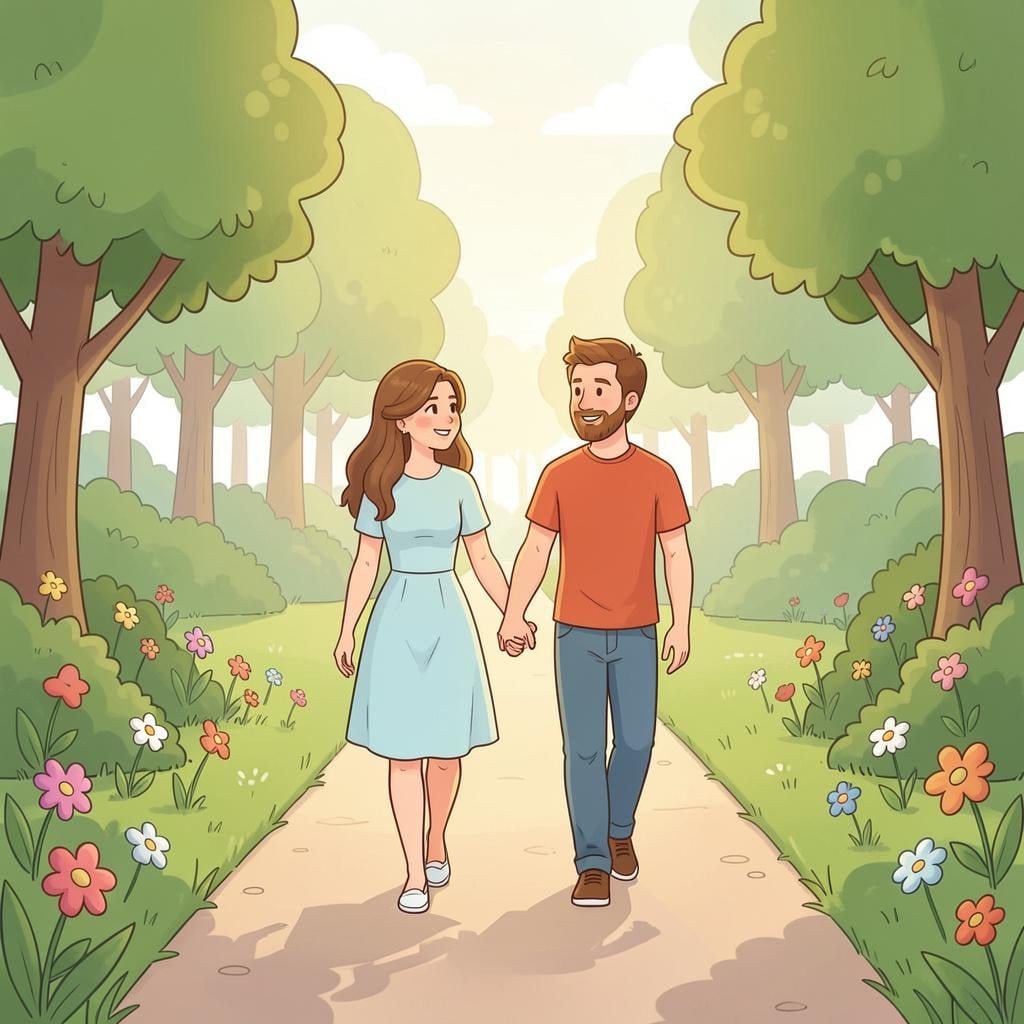 Two people holding hands and walking together in a beautiful garden.
