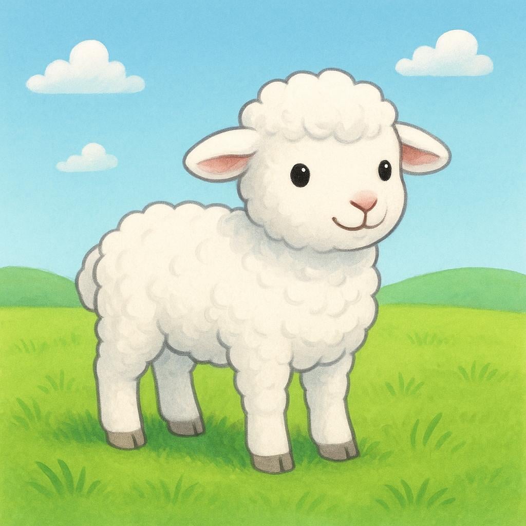 A fluffy white lamb standing in a bright green pasture under a blue sky.