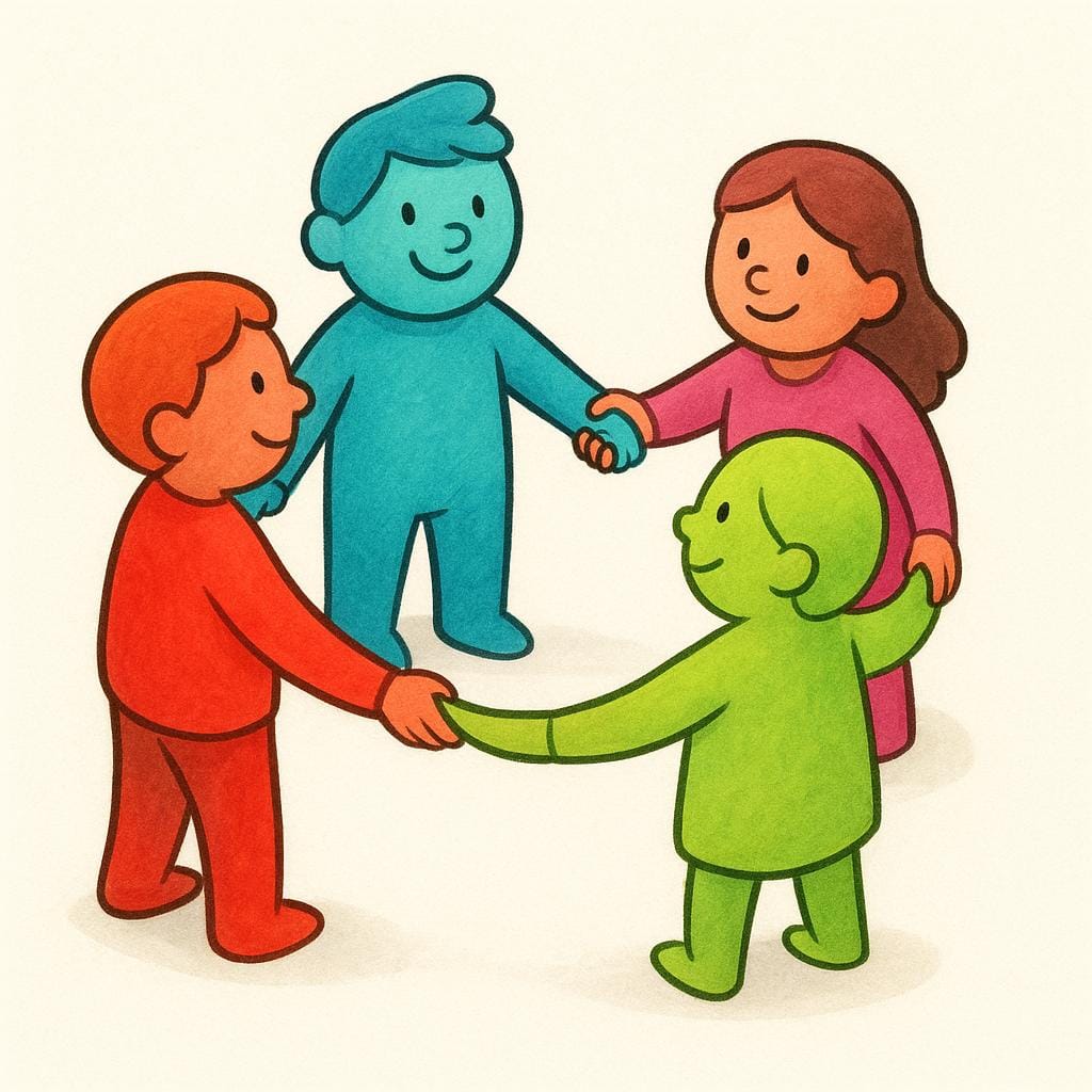 Four simple, distinct cartoon figures holding hands in a complete circle, illustrating the act of integration into a group.