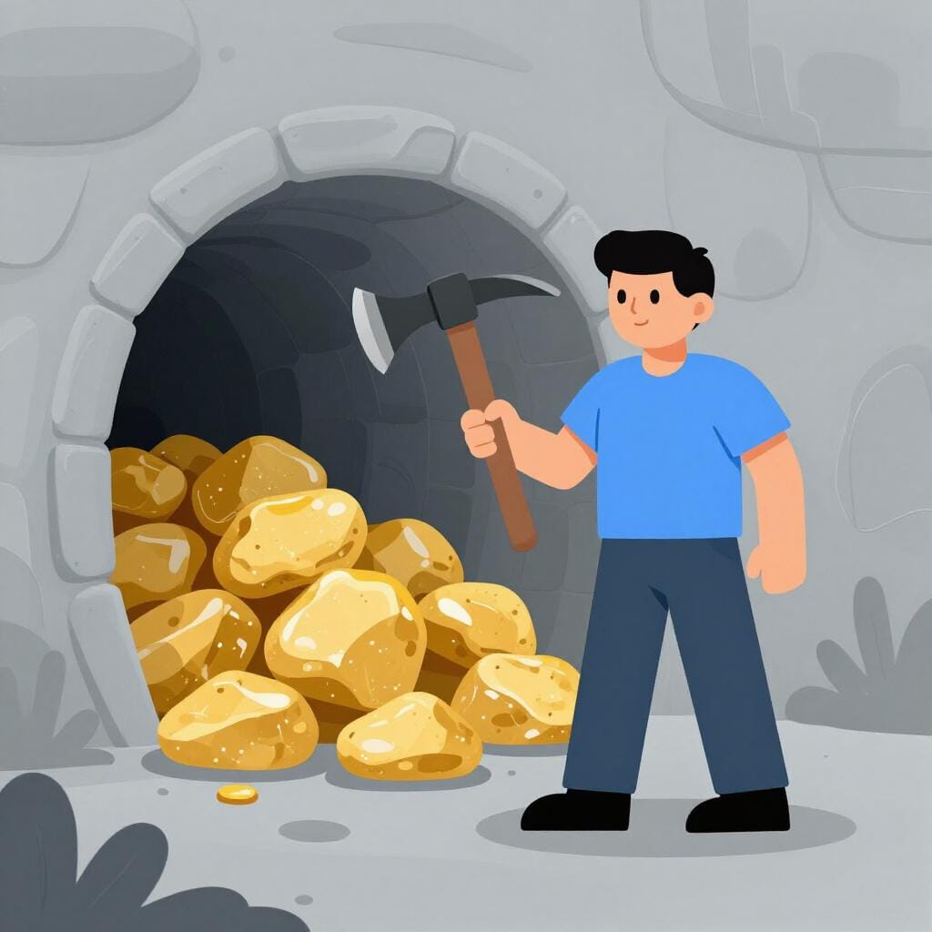 Ein Bergmann mit einer Spitzhacke, der neben einem Haufen glitzernder Goldklumpen in einer dunklen Höhle steht.