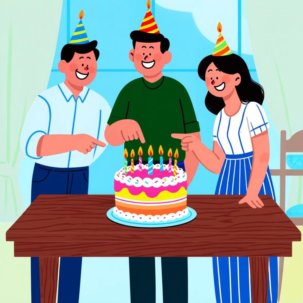 Three friends eagerly pointing at a large, colorful cake on a table, illustrating a shared desire or want.