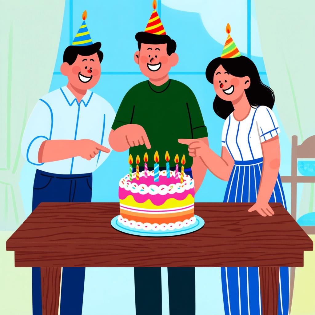 Three friends eagerly pointing at a large, colorful cake on a table, illustrating a shared desire or want.