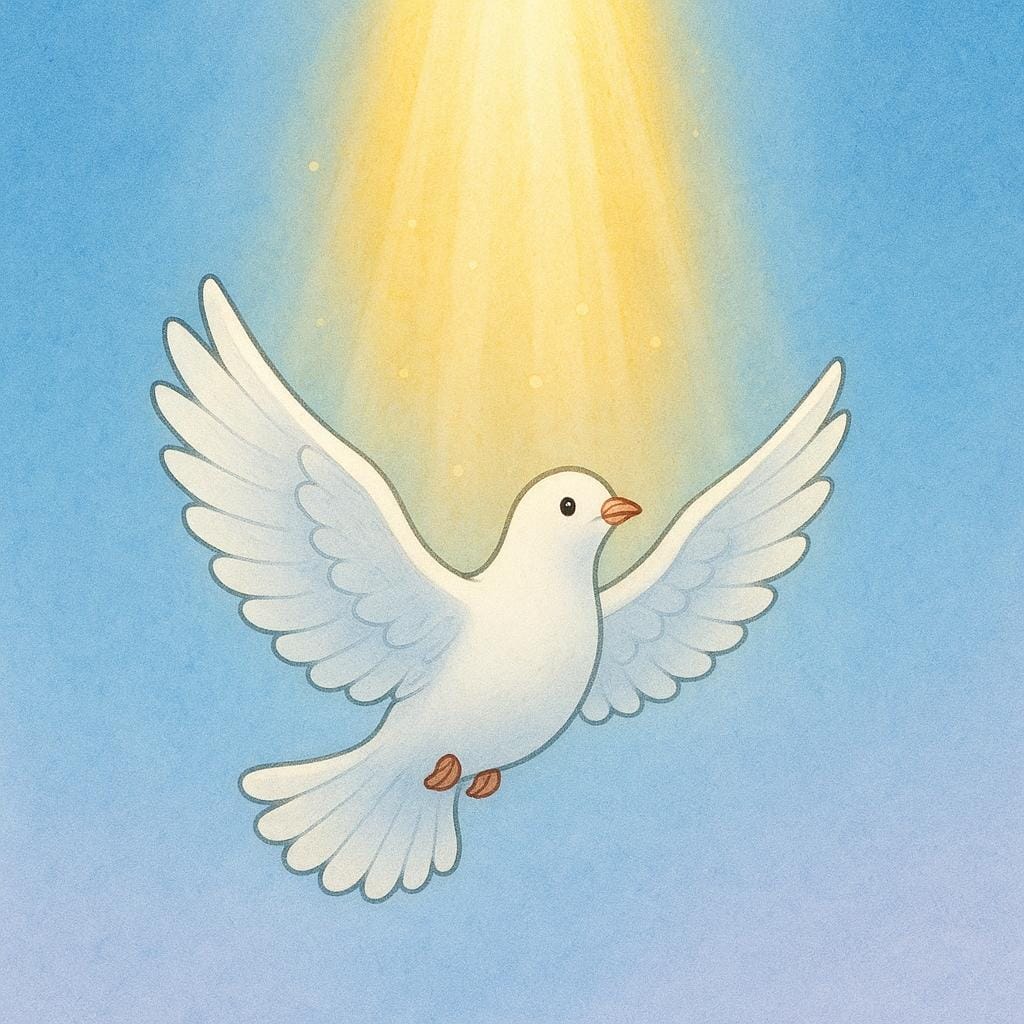A pristine white dove soaring towards a brilliant shaft of golden light descending from the sky.