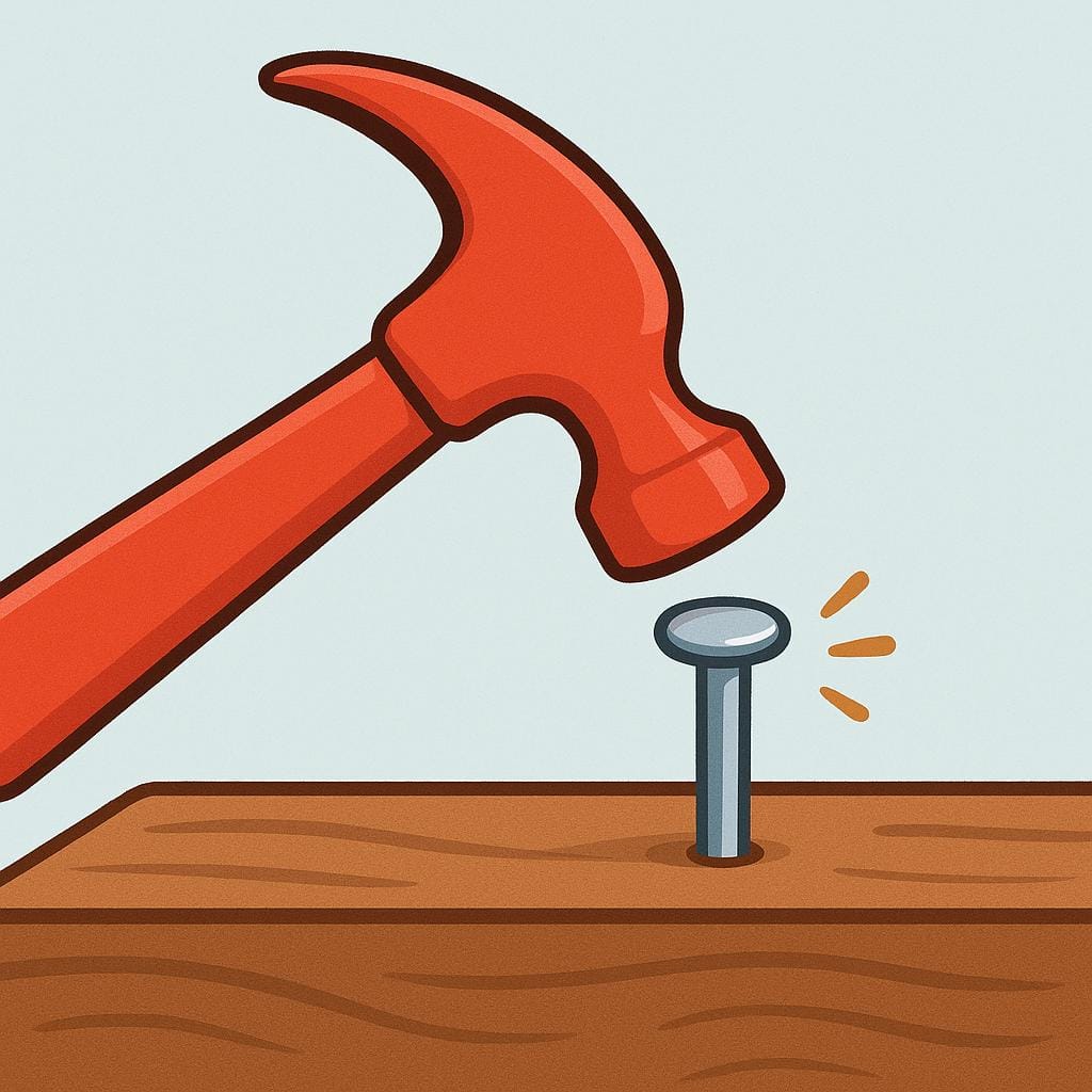 Um martelo vermelho brilhante acertando com sucesso um prego prateado em uma tábua de madeira marrom, ilustrando sua finalidade pretendida.