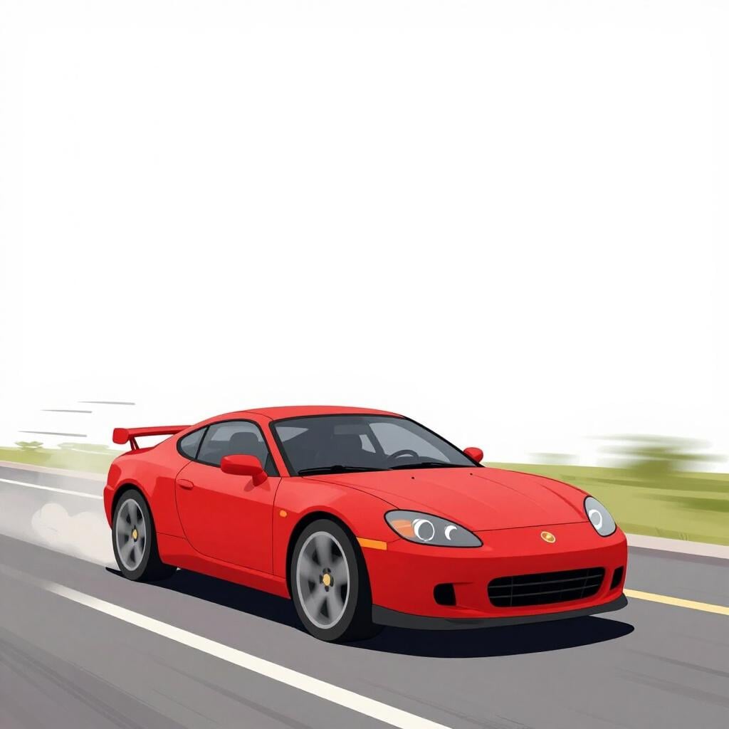 A bright red race car zooming across a landscape with motion lines behind it.