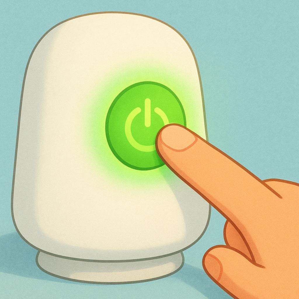 A finger pressing a glowing green power button on a simple, rounded white lamp, illustrating the action of activation.