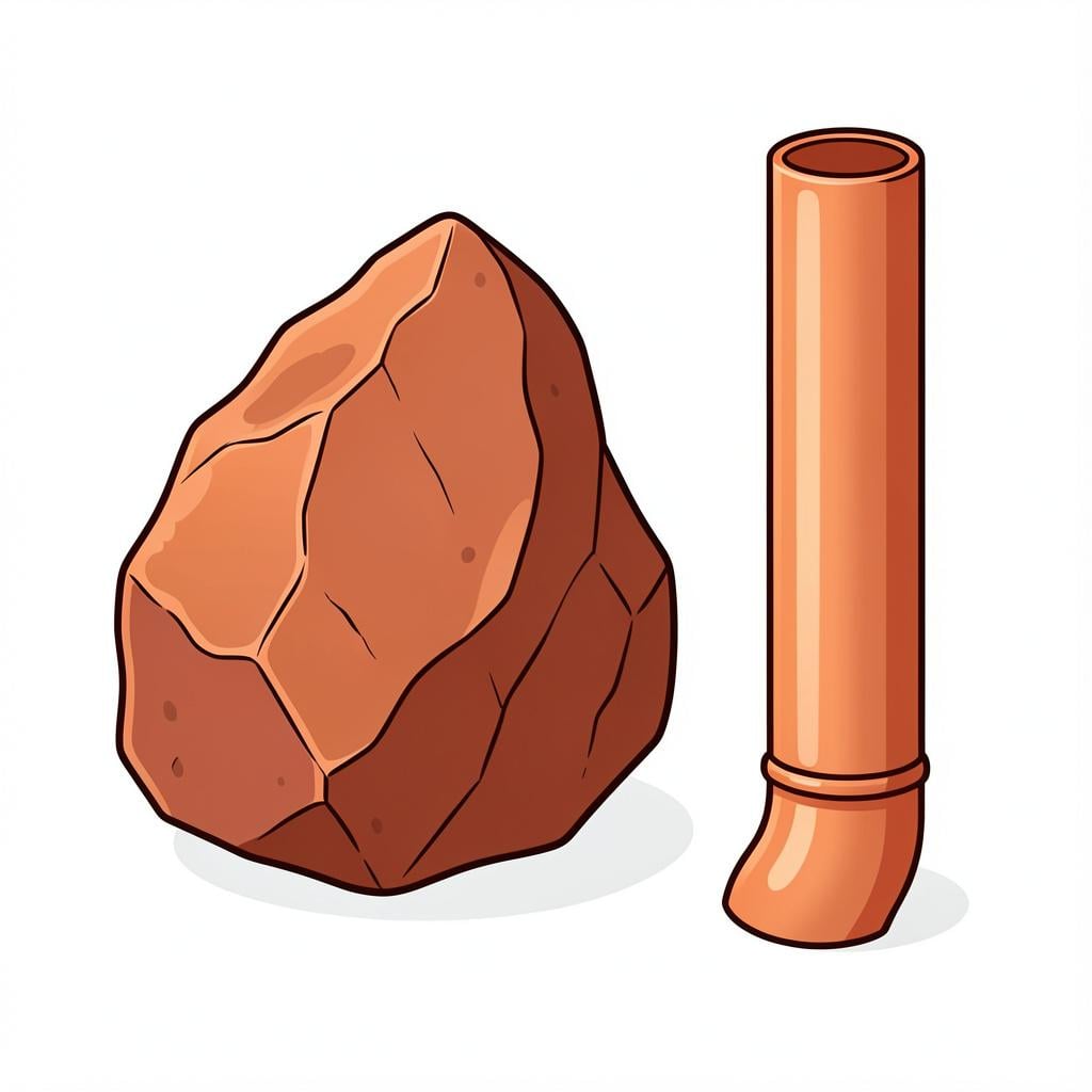 A shiny, reddish-brown piece of raw copper ore and a smooth copper pipe.