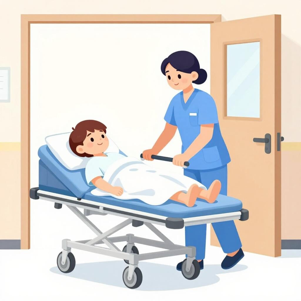A patient being wheeled into a hospital room on a stretcher by a friendly nurse.