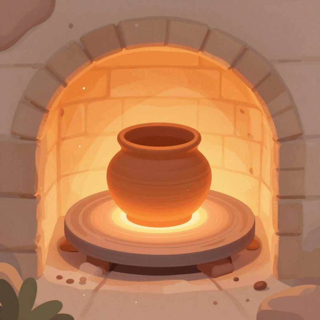 A clay bowl sitting inside a glowing orange kiln.