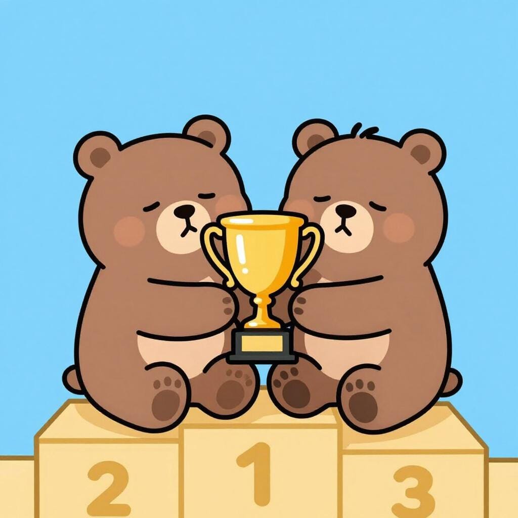 Two tired but happy cartoon animals sitting on a trophy podium after a contest.