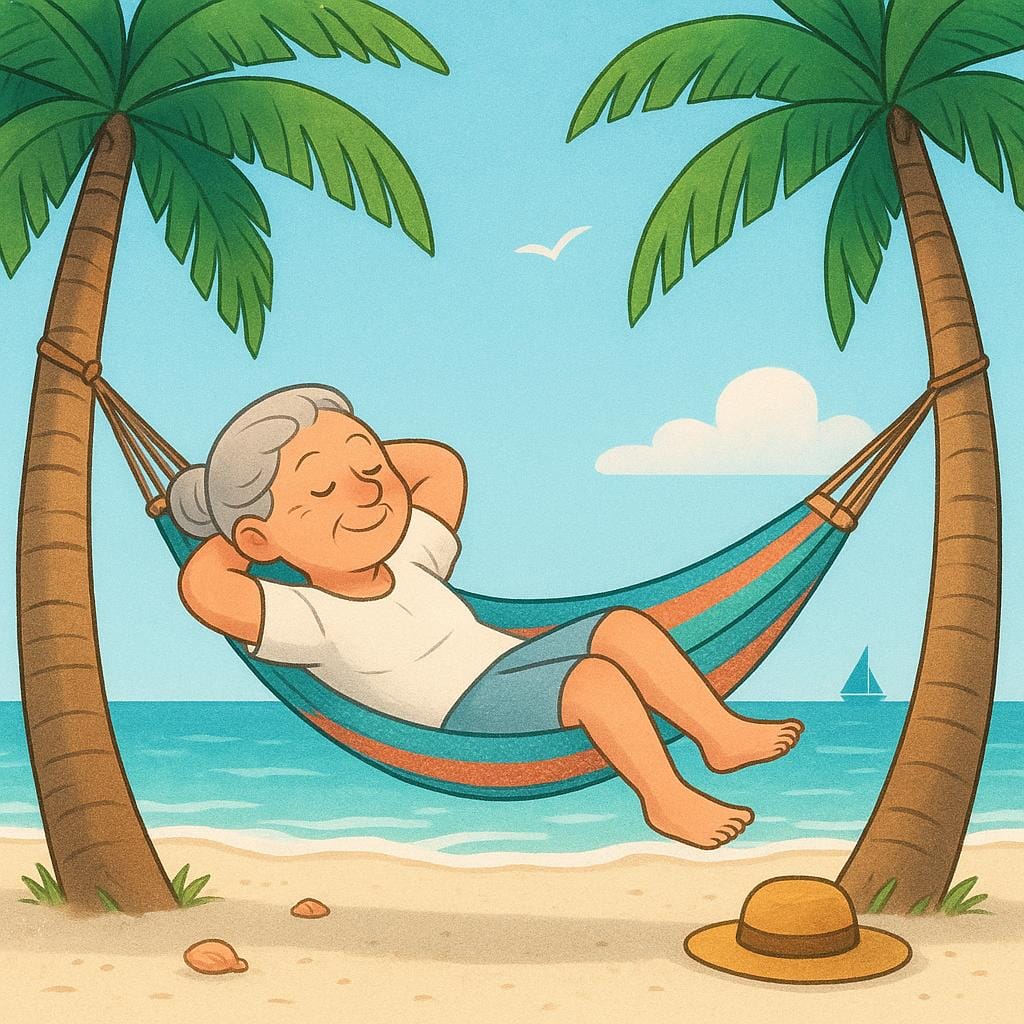 Una persona anziana sorridente che si rilassa su un'amaca confortevole appesa tra due palme in una spiaggia assolata, che simboleggia il pensionamento.