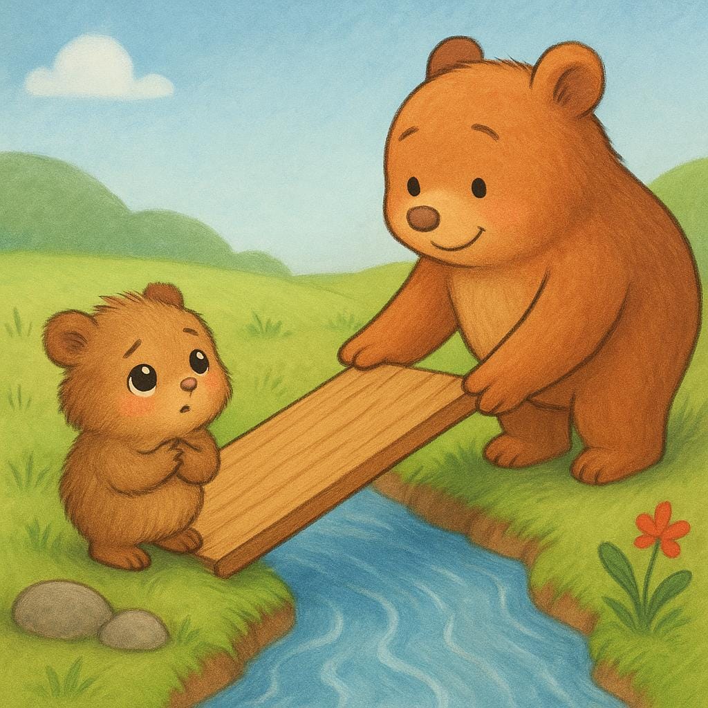 A small, furry creature looking up at a larger, friendly creature with deep gratitude, as the larger creature helps it cross a small stream with a plank.