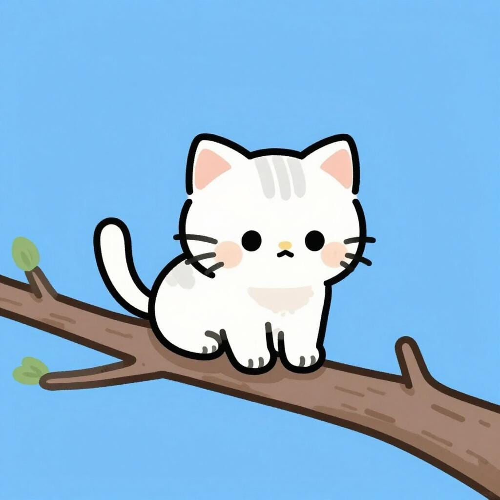 A small kitten stuck on a high tree branch looking down with a worried expression.
