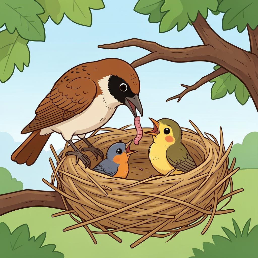 A large bird feeding its young chicks in a cozy nest.