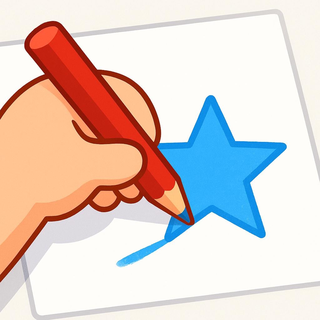 A high quality storybook illustration showing a simplified person's hand holding a red pencil and actively drawing a blue star on a white sheet of paper.