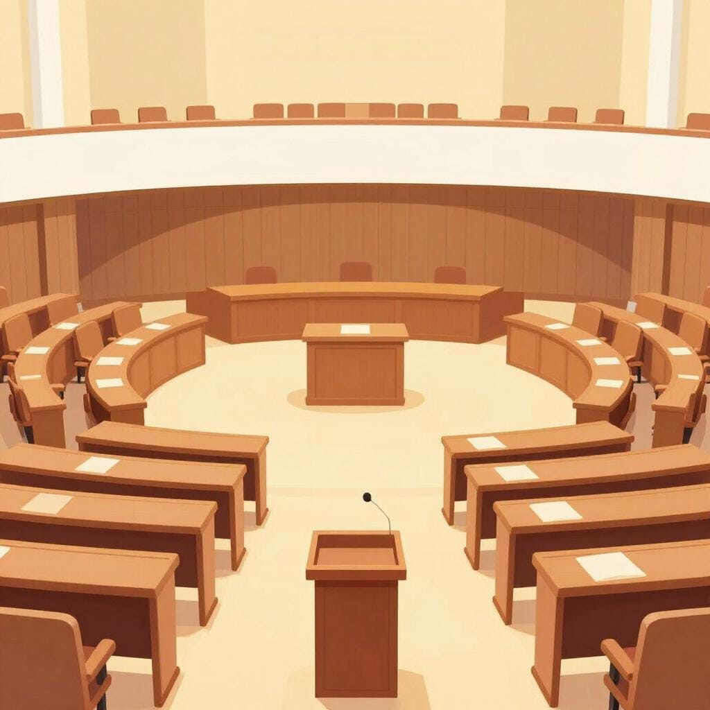 Ein großer Saal mit Reihen von Holztischen, die halbkreisförmig angeordnet sind und auf ein zentrales Podium blicken.