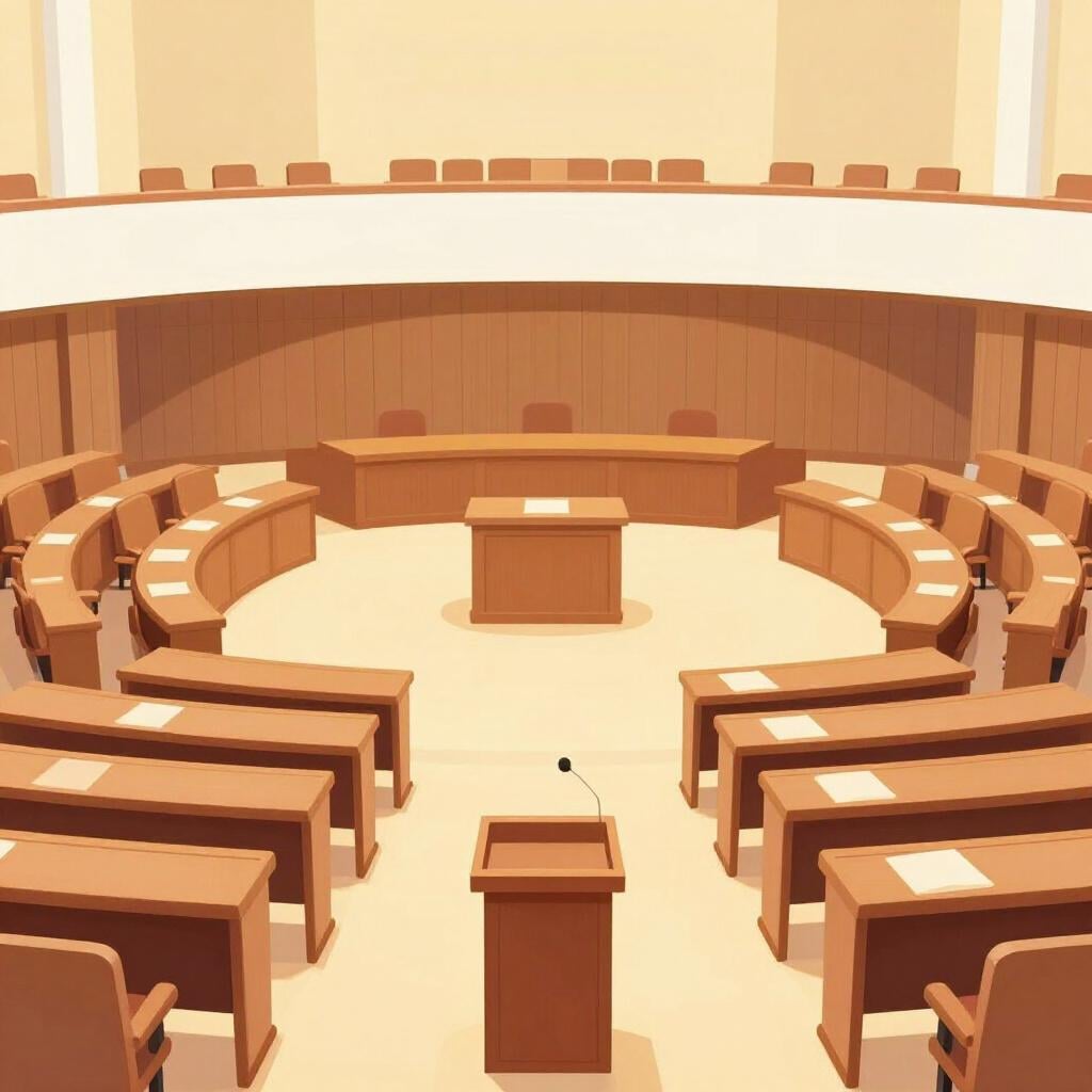 Ein großer Saal mit Reihen von Holztischen, die halbkreisförmig angeordnet sind und auf ein zentrales Podium blicken.