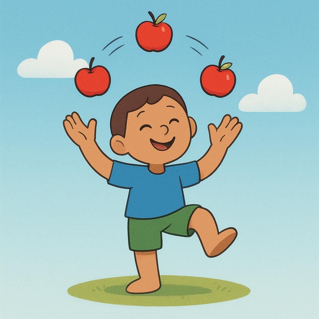 A simple illustration of a person skillfully juggling three bright red apples while standing on one leg, symbolizing capacity and ability.