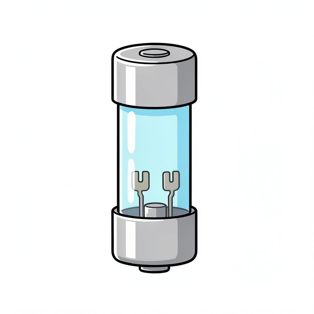 A small electrical fuse with a glass body and metal ends.