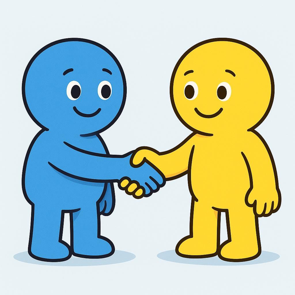 Two friendly cartoon figures, one blue and one yellow, standing opposite each other and firmly shaking hands, illustrating mutual agreement.
