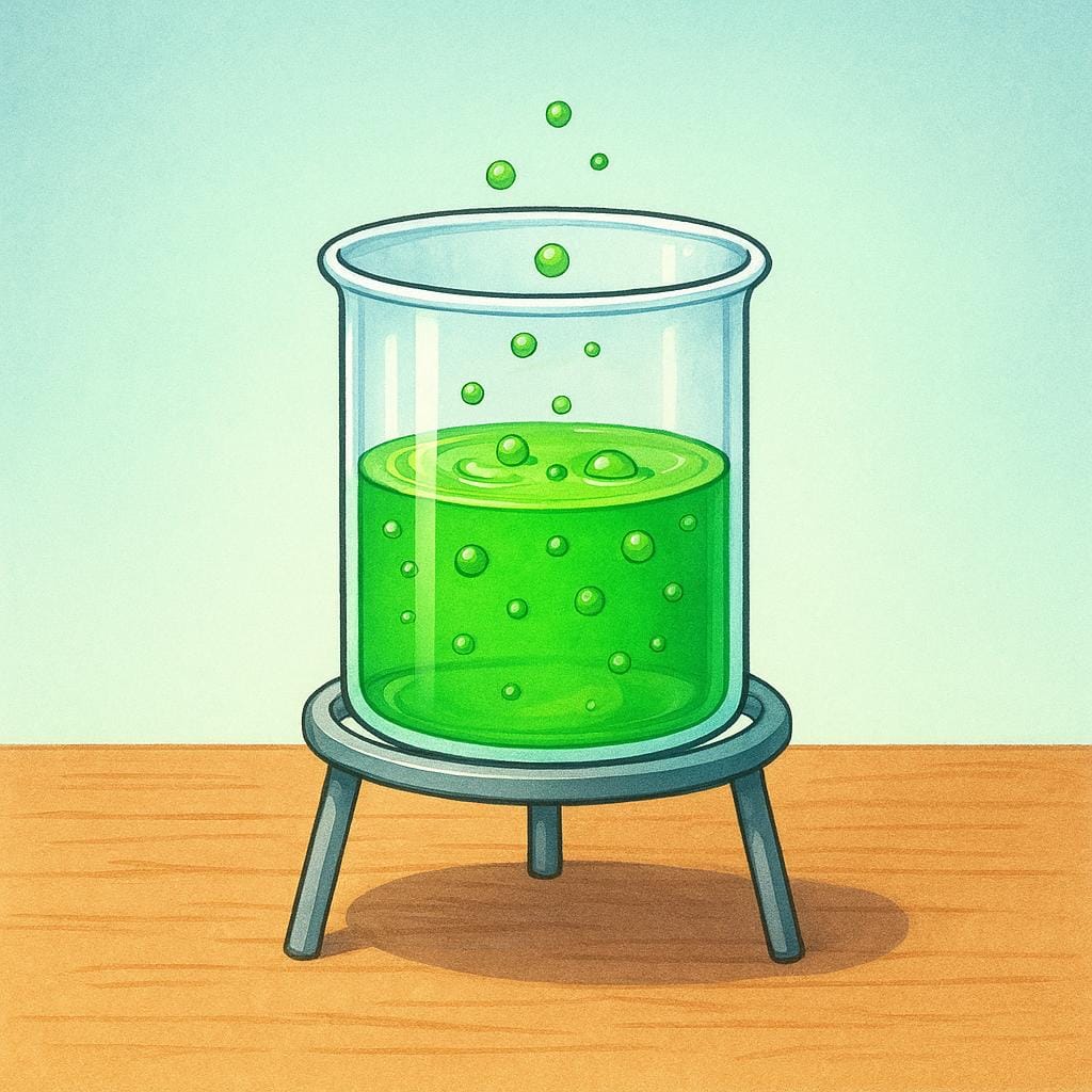 Un bécher en verre transparent rempli d'un liquide vert vif, bouillonnant doucement, posé sur un petit support de laboratoire métallique.