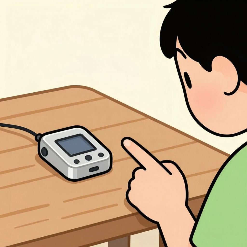 A person pointing at a small, strangely shaped mechanical part on a table with a confused look.