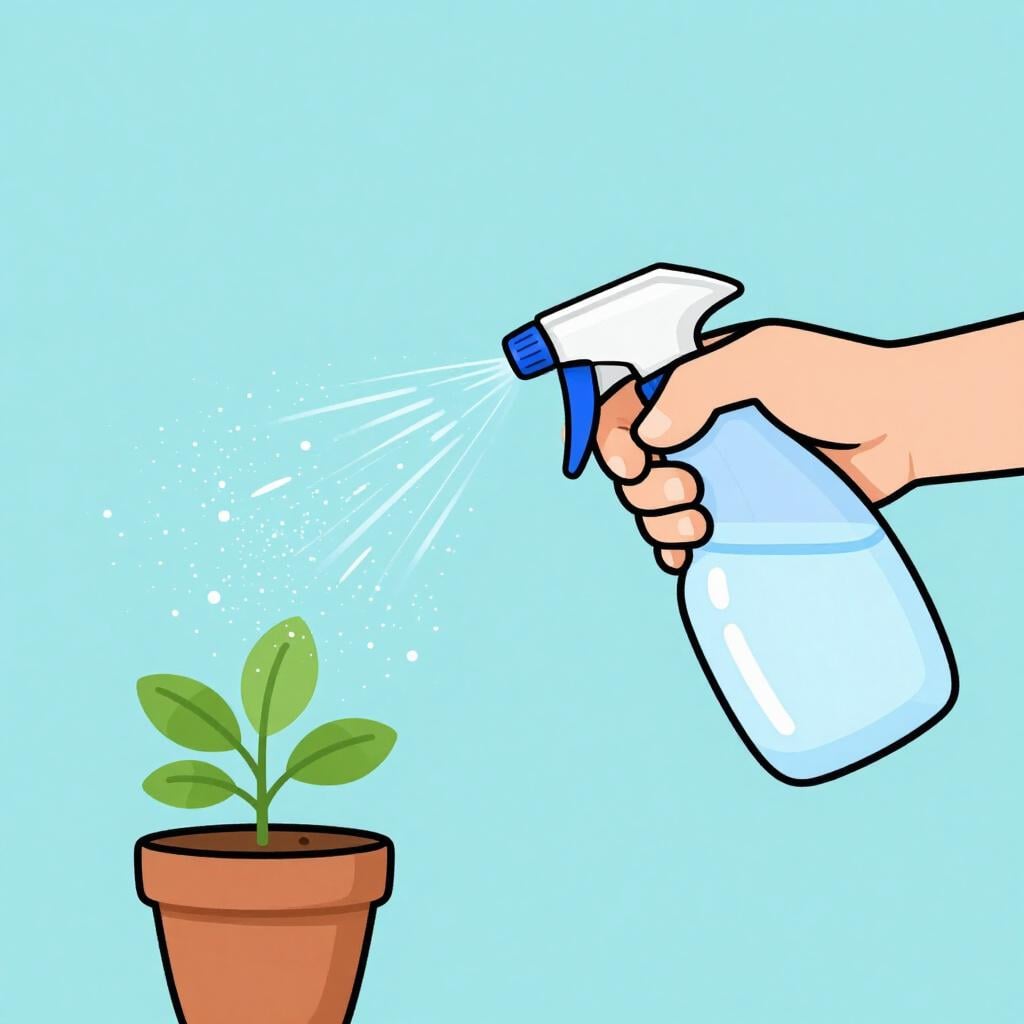 A hand holding a spray bottle releasing a fine mist of water onto a small plant.