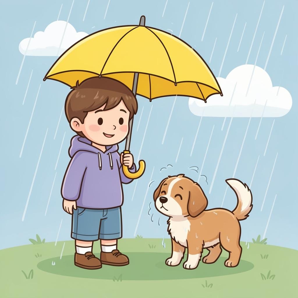 A kind child sharing an umbrella with a small dog in the rain.
