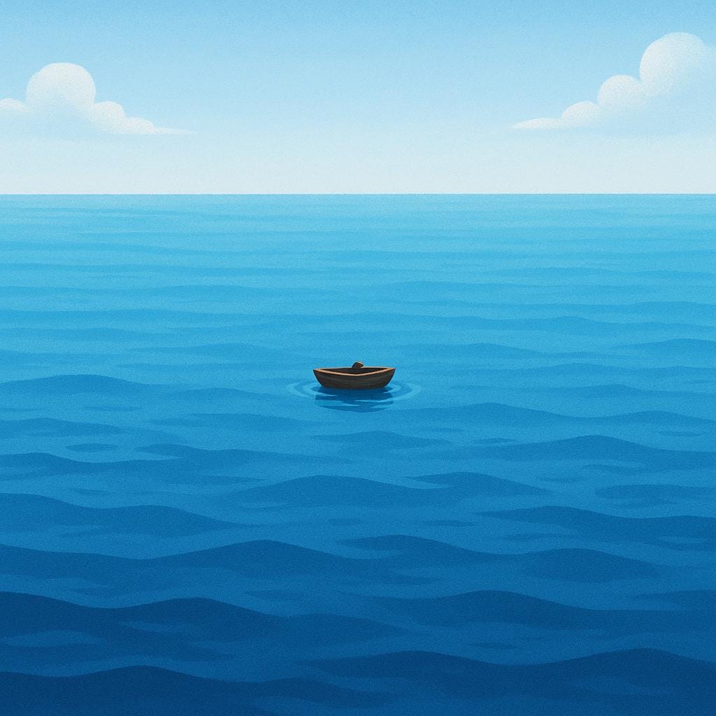 A tiny, isolated figure standing on a minuscule patch of land, surrounded by an endless expanse of dark blue ocean and sky, symbolizing the middle of nowhere.