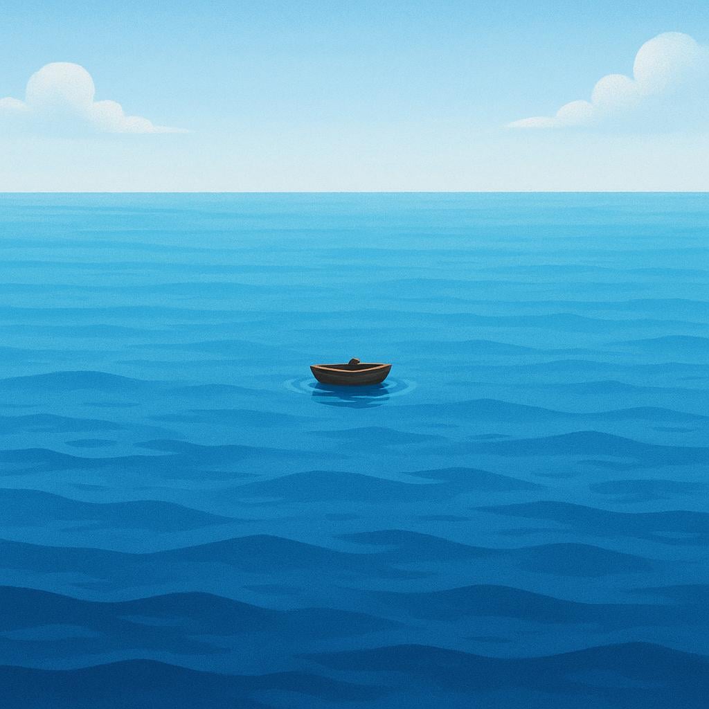 A tiny, isolated figure standing on a minuscule patch of land, surrounded by an endless expanse of dark blue ocean and sky, symbolizing the middle of nowhere.