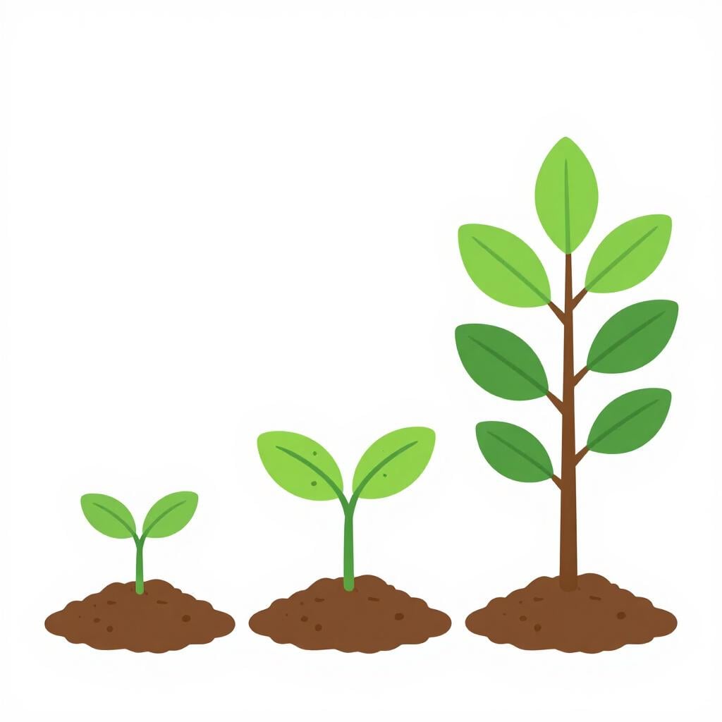 A small green sprout growing into a taller plant with several leaves, shown in three stages from left to right.