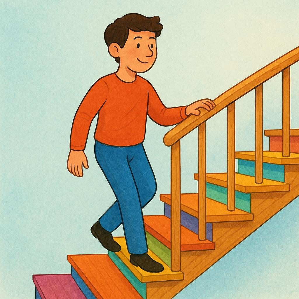 A person walking down a flight of wooden stairs.