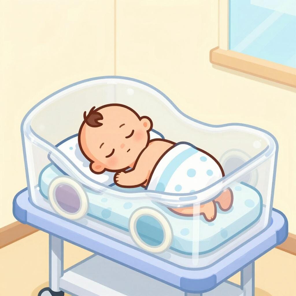 A tiny baby sleeping inside a modern medical incubator with soft lighting.