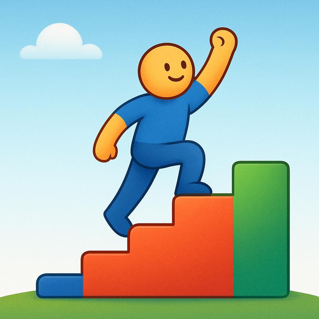 A simple, stylized figure is successfully climbing a series of upward steps toward a clear, bright background, symbolizing advancement.