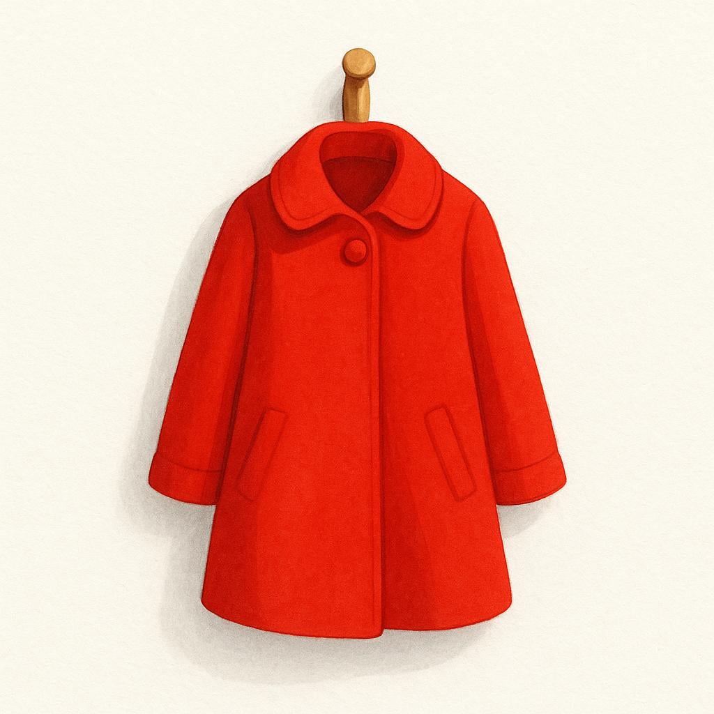 A vibrant red coat is suspended from a simple wooden hook mounted on a white wall.