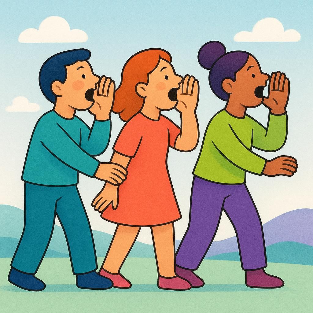 Three brightly colored storybook characters standing in a field, cupping their hands around their mouths as they shout loudly into the distance.