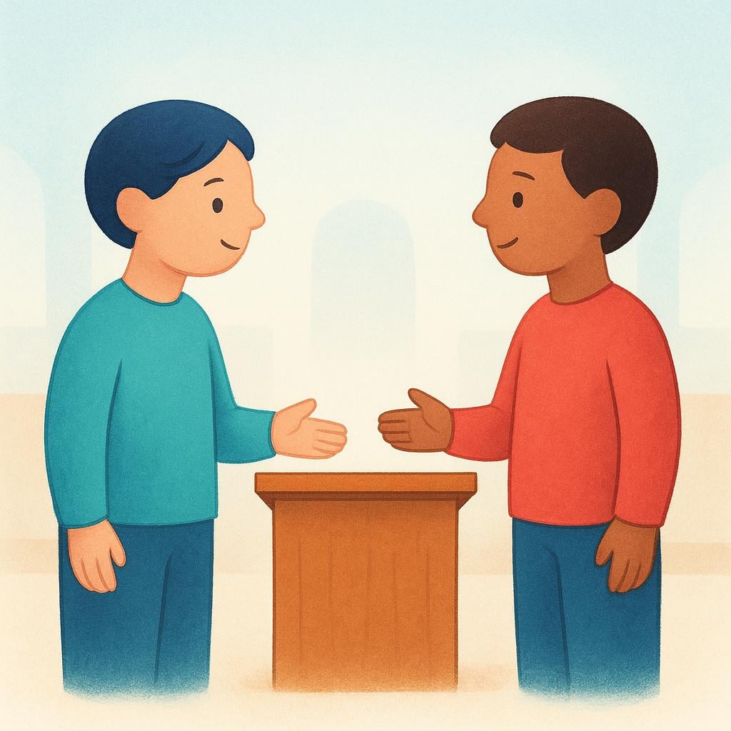 Two stylized, simple figures standing facing each other across a small, empty podium, suggesting political discussion or representation.