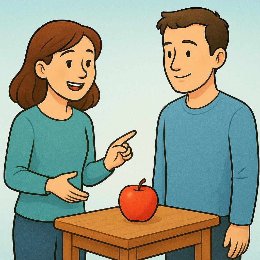 A colorful illustration showing a young woman speaking to a man and gesturing toward a single red apple on a table, illustrating the act of mentioning something.