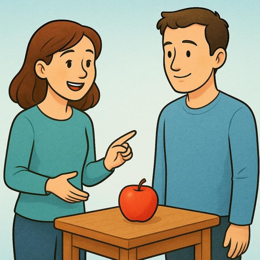 A colorful illustration showing a young woman speaking to a man and gesturing toward a single red apple on a table, illustrating the act of mentioning something.