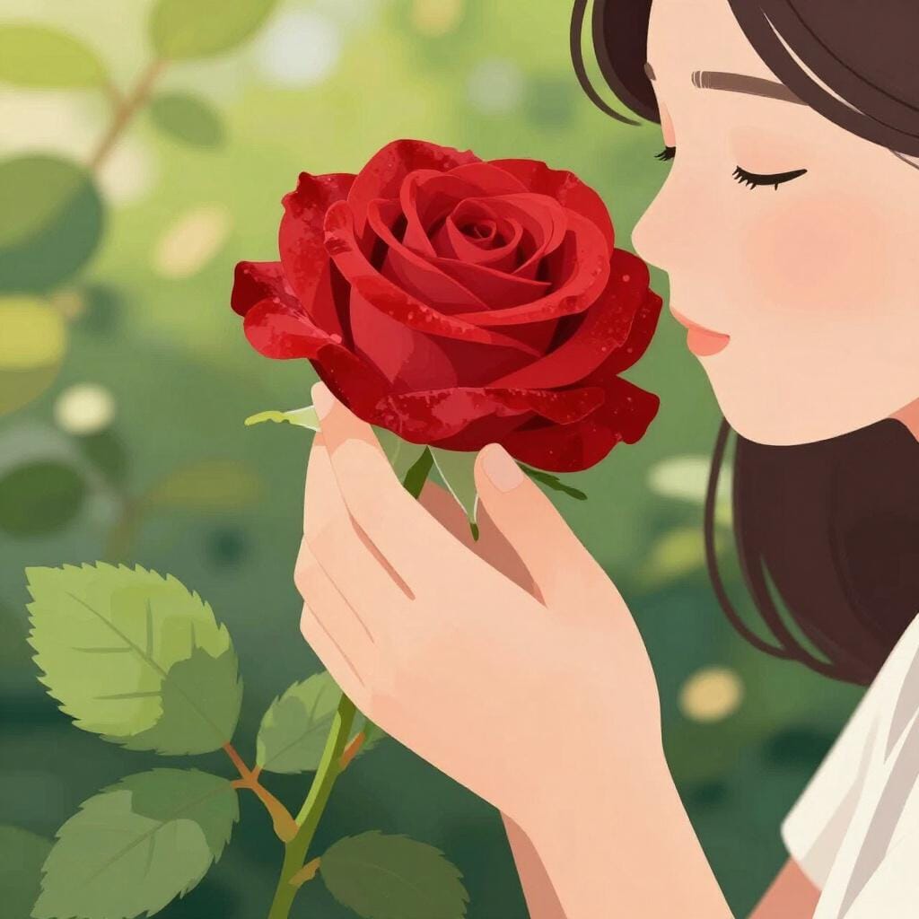Un'illustrazione di alta qualità in stile libro di fiabe di una persona che si gode l'aroma di una rosa in fiore in un giardino illuminato dal sole.