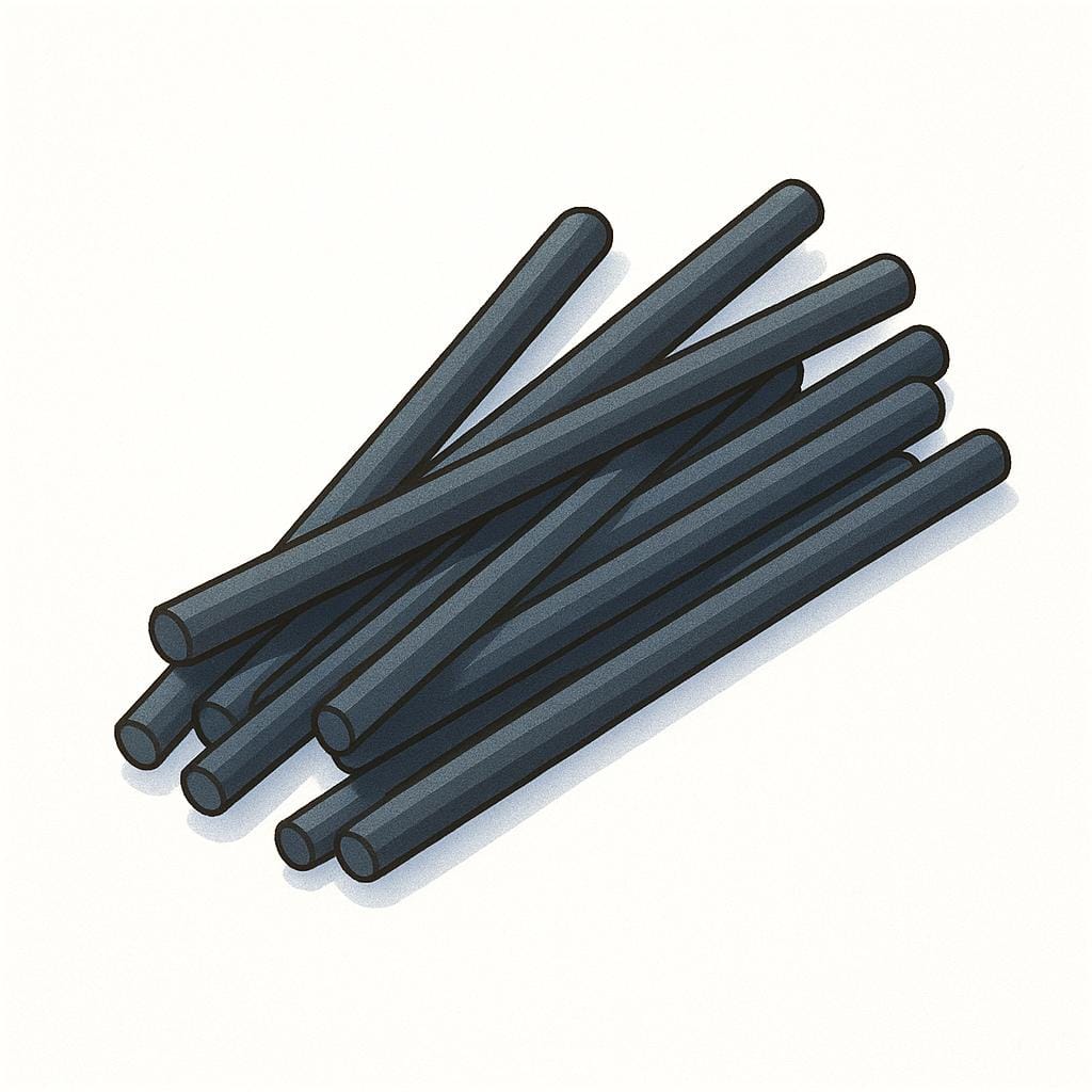 A simple illustration showing several small, cylindrical sticks of black pencil lead (graphite refills).
